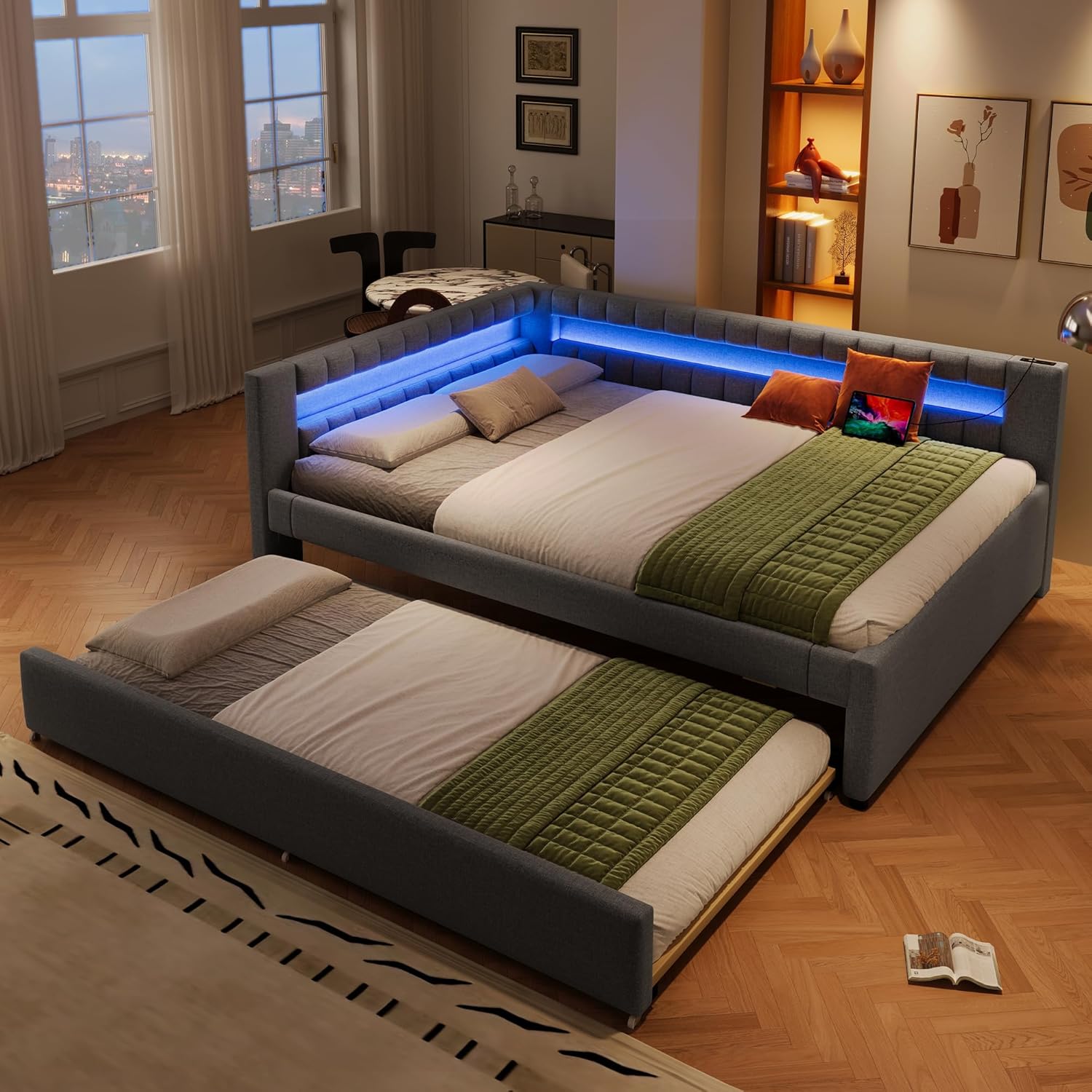 Polsterbett Schlafsofa 140x200, Daybett Tagesbett mit Ausziehbett, Doppelbett mit LED USB Typ C Ladefunktion, Kinderbett Jugendbett Gästebett, Leinen, Grau, ohne Matratze