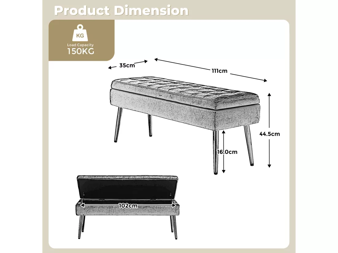Banc de rangement, 111x35x44.5cm, pieds en métal doré pour salon, à l'entrée, à la chambre à coucher, en velours vert