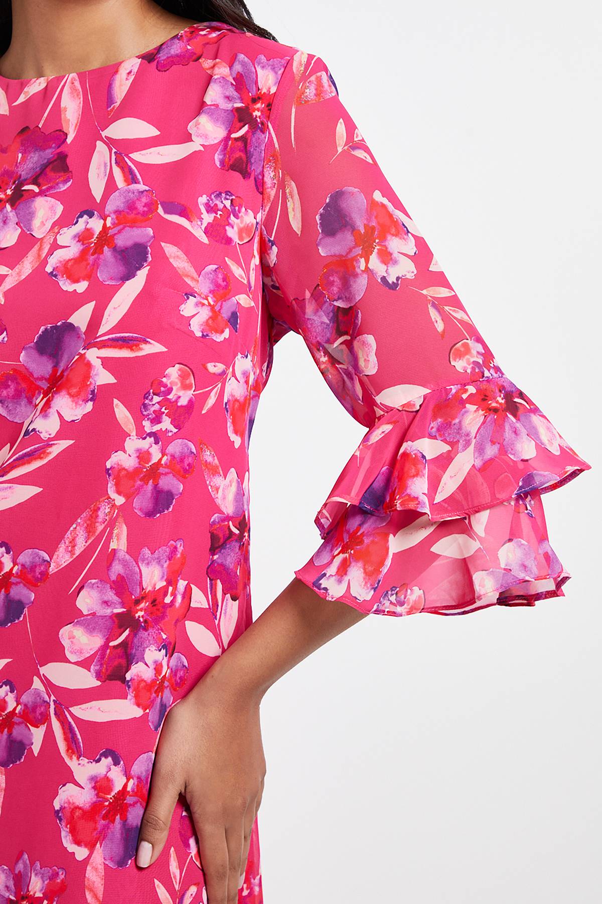 Wallis Robe Droite à Manches Volantées Motif Floral Aquarelle Rose Petite Taille