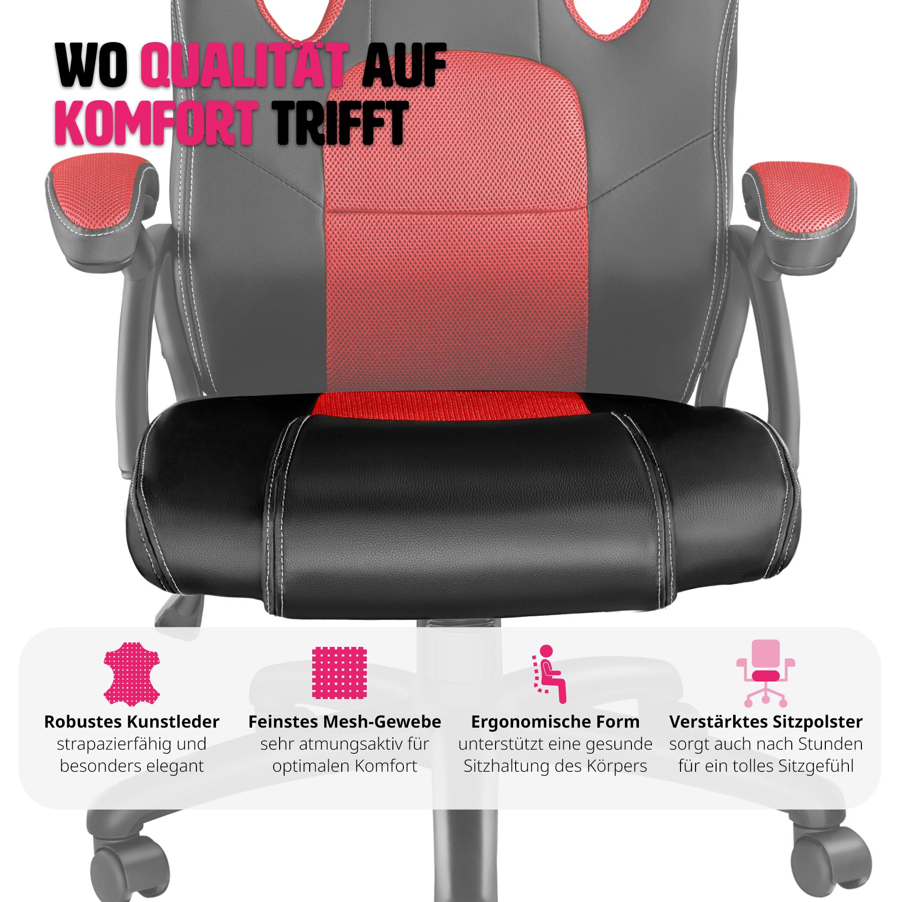 tectake® Bürostuhl, ergonomische Form, Kunstlederbezug mit Mesh-Gewebe, stufenlos höhenverstellbar