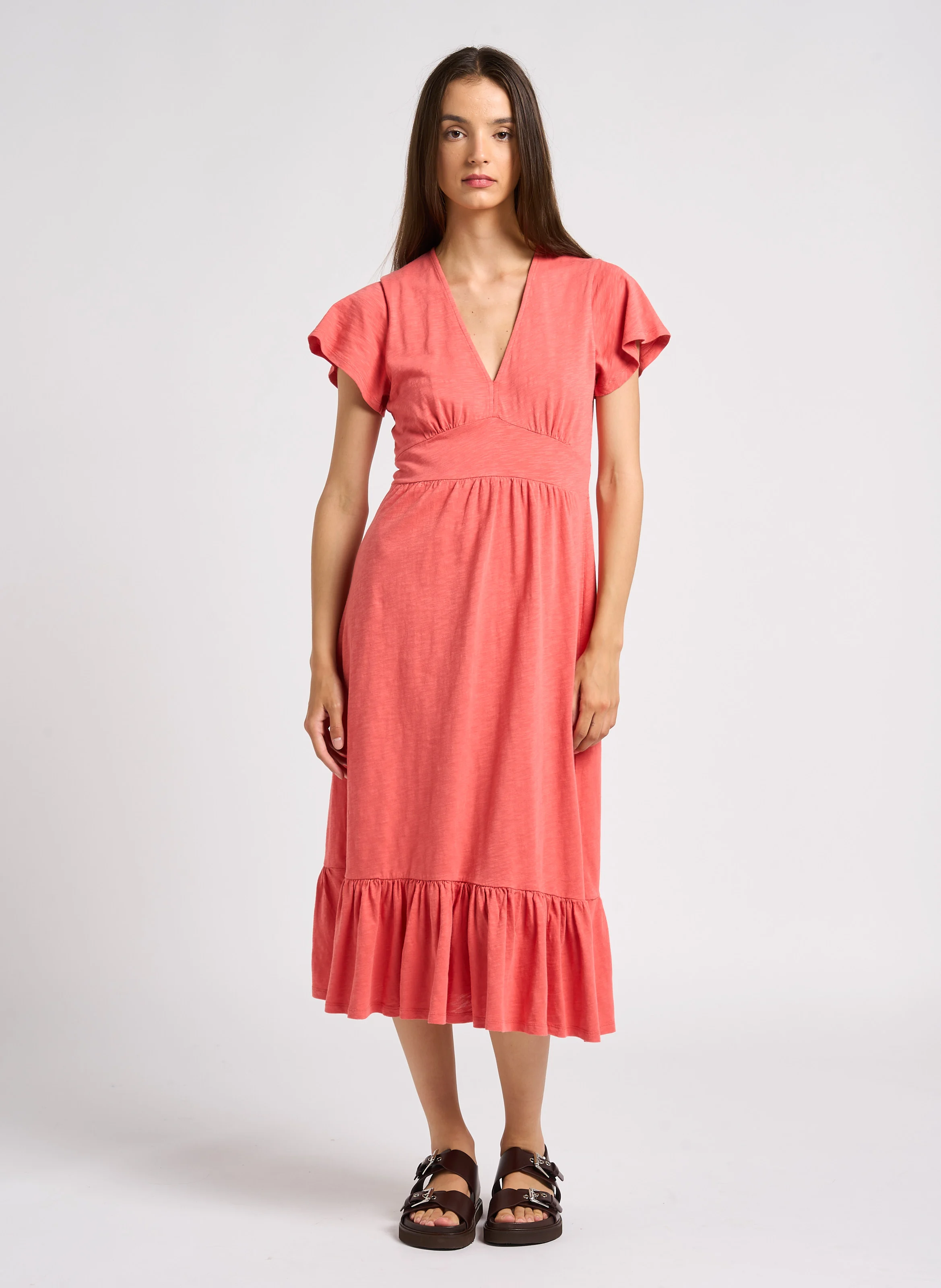 VALMA - Robe midi col V en coton| Rose