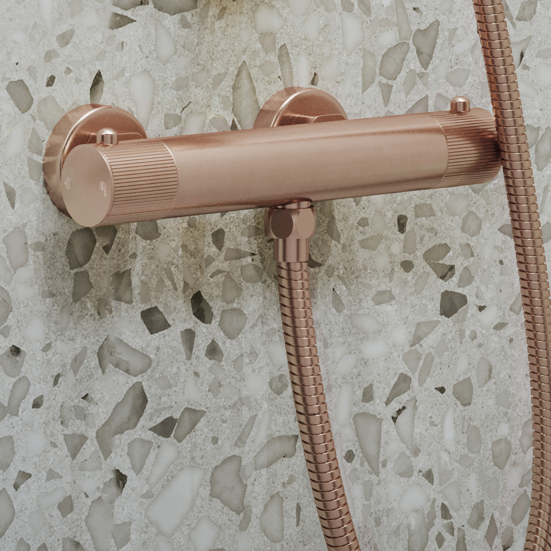 Saniclear Copper Stripes doucheset geborsteld koper met thermostatische kraan, handdouche en glijstang