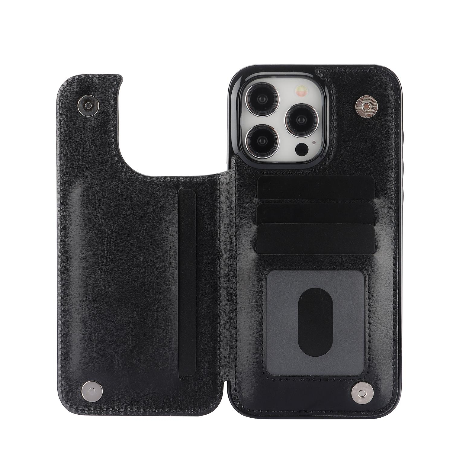 iPhone 15 Pro Max Hybrid Leder Hülle mit Kartenfach   Kickstand Aufsteller - Schwarz