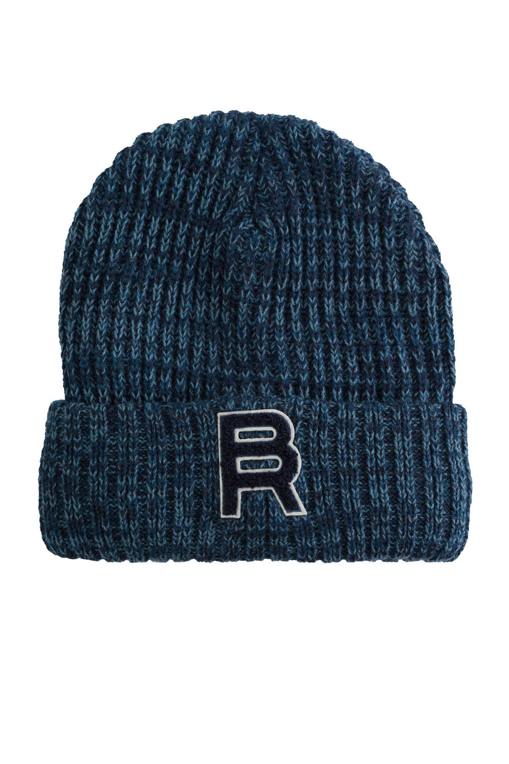 WE Fashion grofgebreide jongens muts met patches donkerblauw/blauw