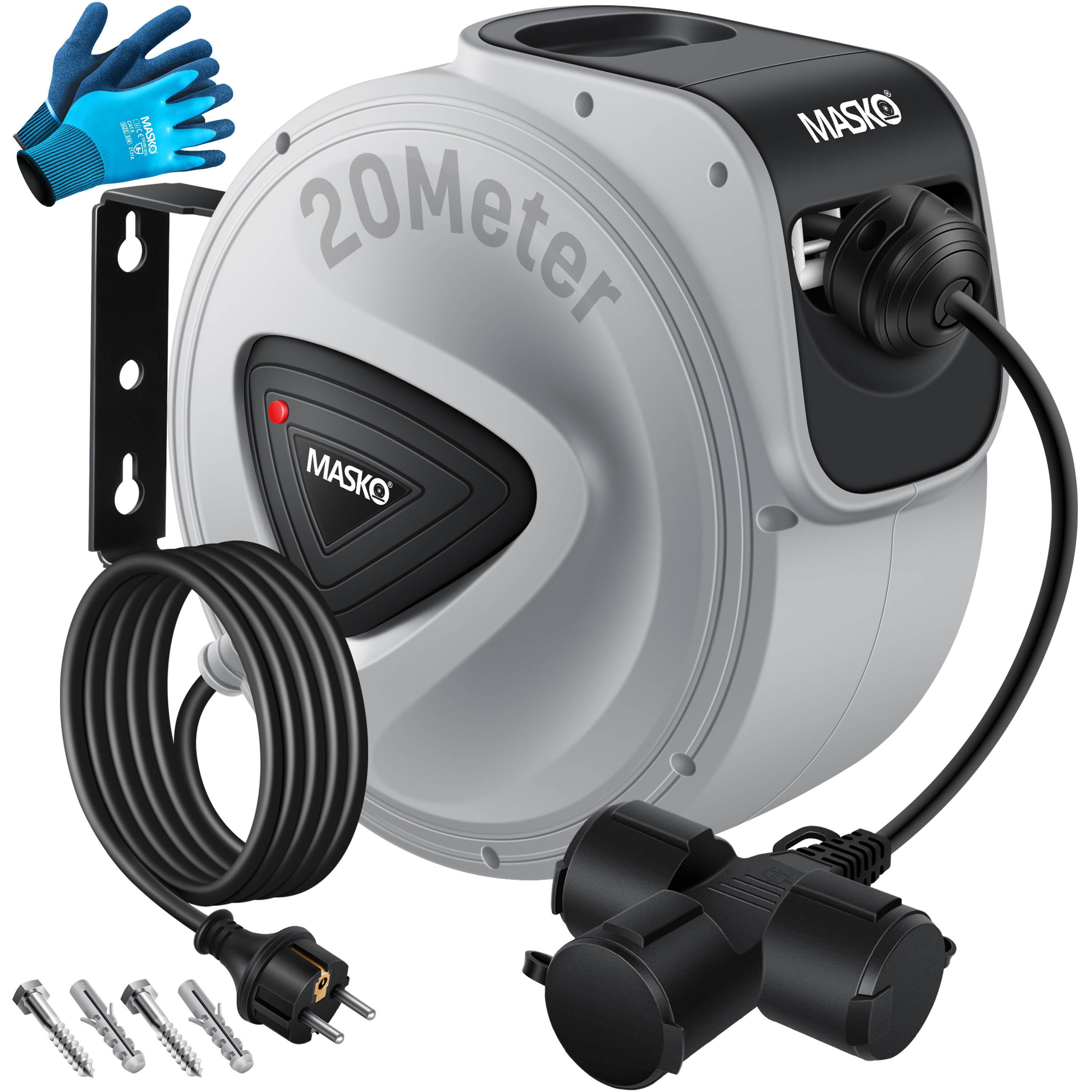 MASKO® Automatik Kabeltrommel Verlängerungskabel mit 3-Fach Anschluss 180° drehbar 1,5m Zuleitung Wandhalterung Werkstatt Kabelaufroller Automatisch Stromtrommel Schlauchaufroller Inkl. Handschuhe