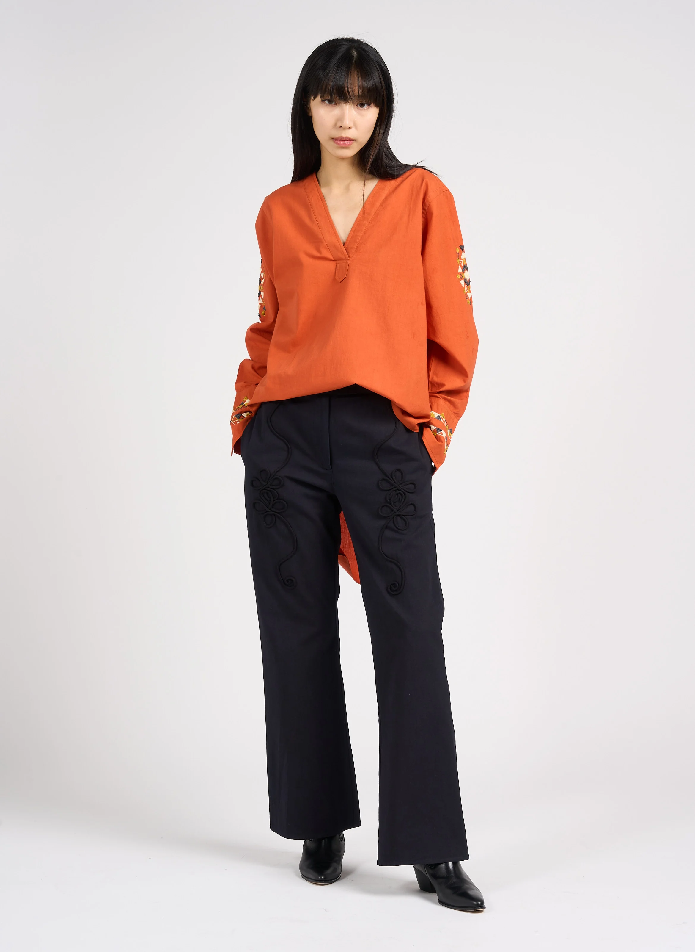EGO - Pantalon droit brodé en coton | Noir