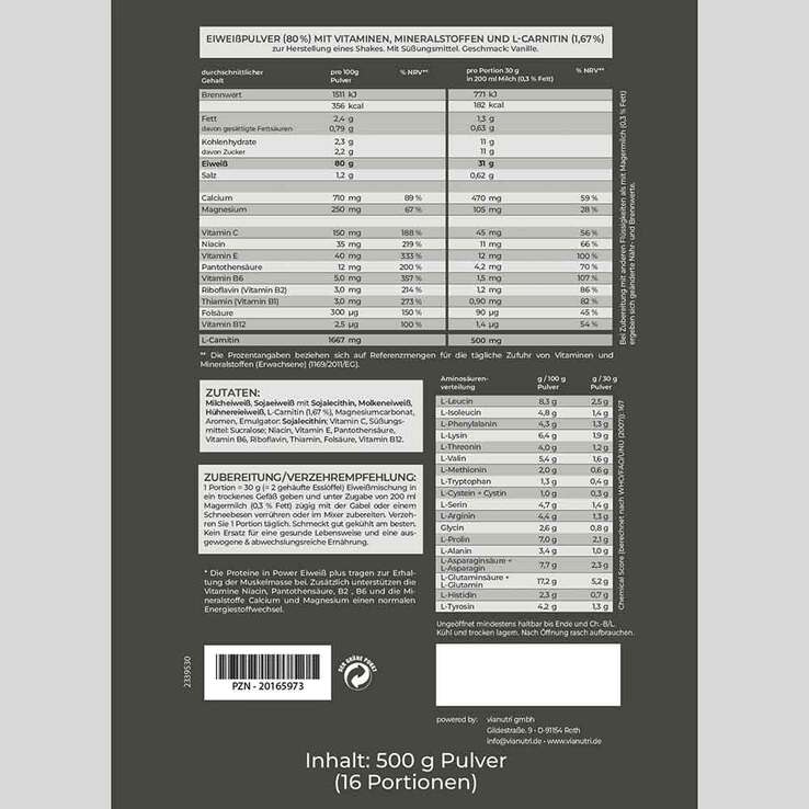 Power Eiweiss plus Protein Shake Pulver Vanille, 500 g