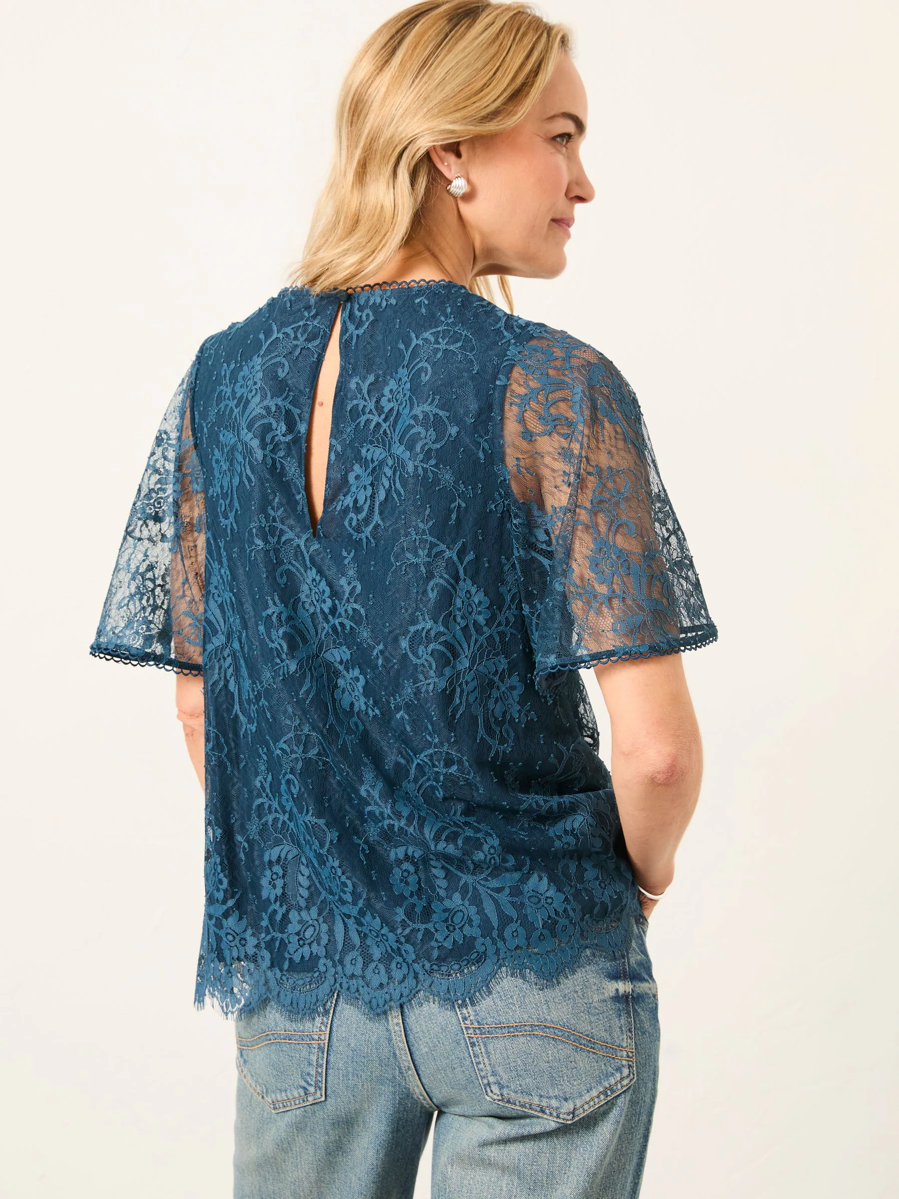 Blauwgroen - FatFace Lace Round Neck Blouse
