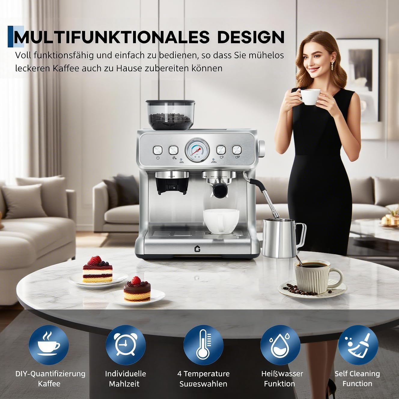Espressomaschine mit Kegelmahlwerk & 20 Bar Druck Kaffeemaschine- Vollautomat mit 2,8L Wassertank, Dampfrohr, Heißwasser & 30 Mahlstufen - Für Einzel-/Doppeltassen mit Manometer Kaffeemaschine