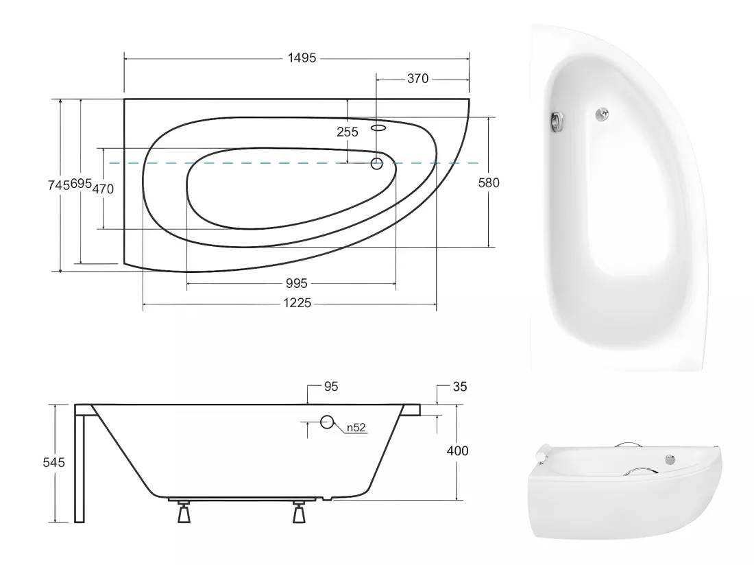 Baignoire asymétrique + tablier blanc + repose tête + poignées - MILENA PREMIUM - 150 x 70 cm - Gauche