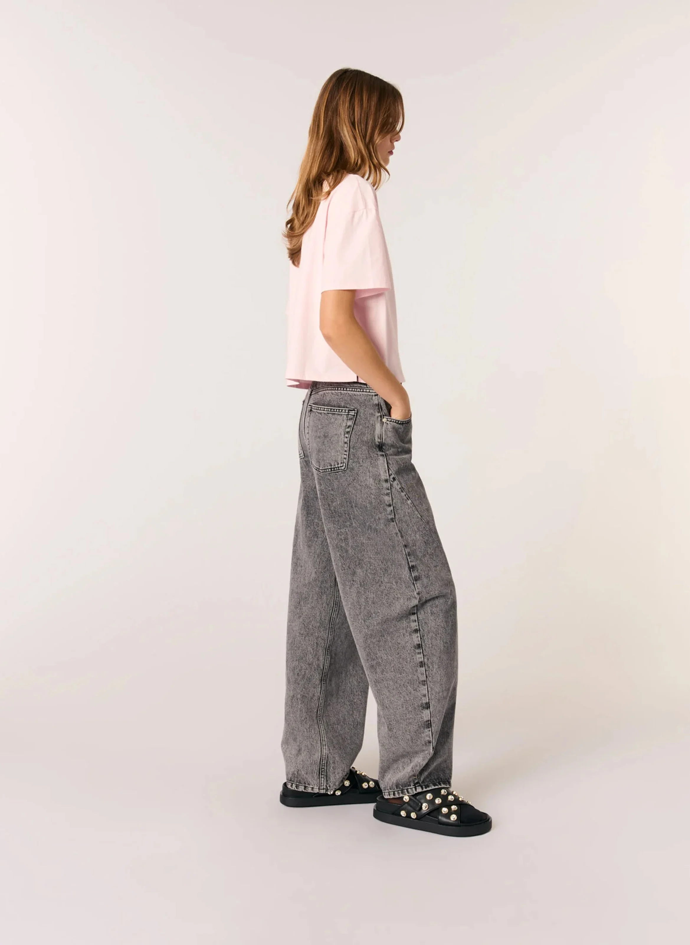 Tee-shirt court à détails strass en coton | Rose