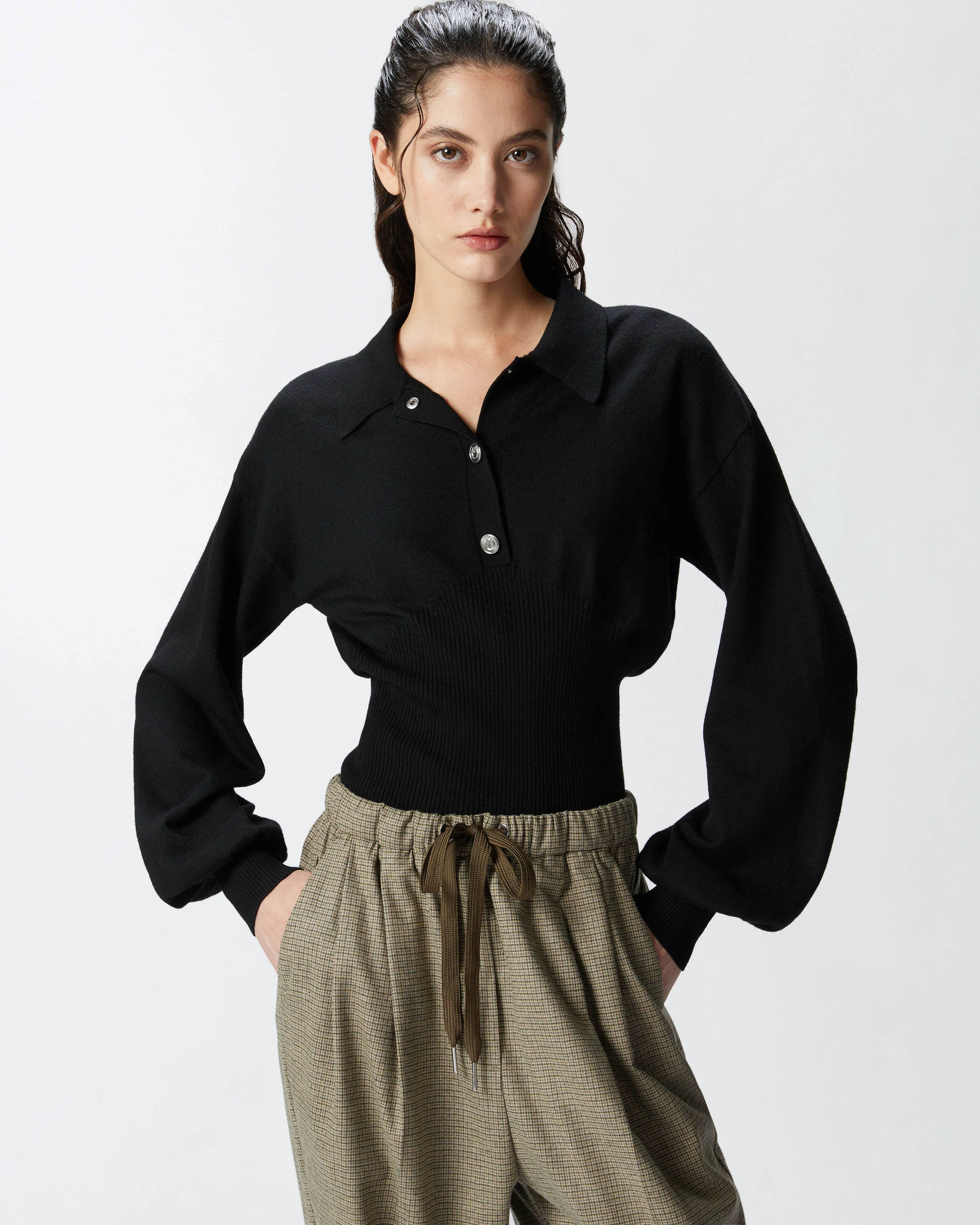 Pull polo côtelée à manches longues | Noir