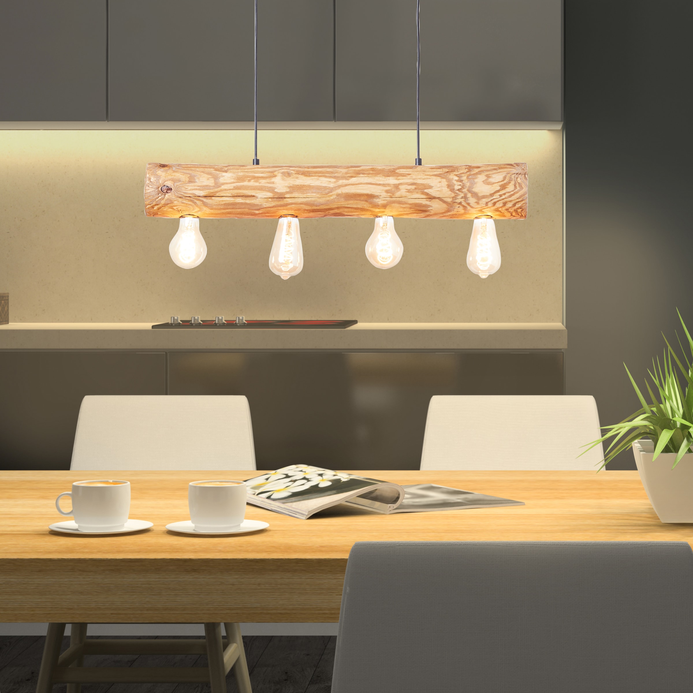 Brilliant Pendelleuchte »Trabo« E27 1 Stk. 105cm Höhe, 70cm Breite, 4 x E27, kürzbar, Holz/Metall, kiefer gebeizt