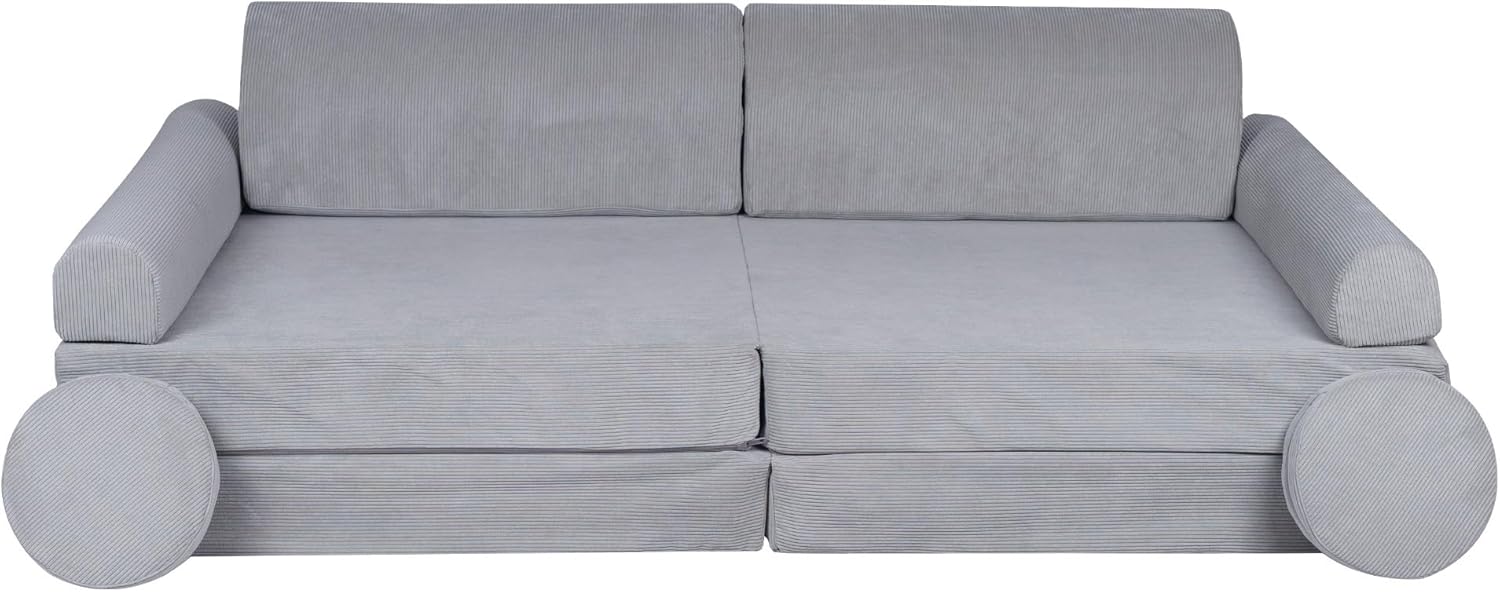 MEOWBABY Kindersofa – Spielsofa für Kinder – Weiche Klappsofa mit Schlaffunktion – Kuschelecke für Kinderzimmer, Slimcord, Hellgrau