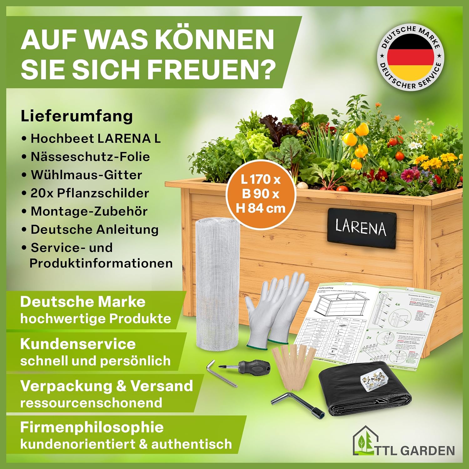 TTL GARDEN Lärchen-Hochbeet LARENA L 170x90x84cm - Garten Hochbeet aus Lärchen Holz - Hochbeet Kit & Kräuterbeet Set Bausatz mit Wühlmausgitter Lärchenholz wetterfest - für Gemüse Kräuter & Blumen