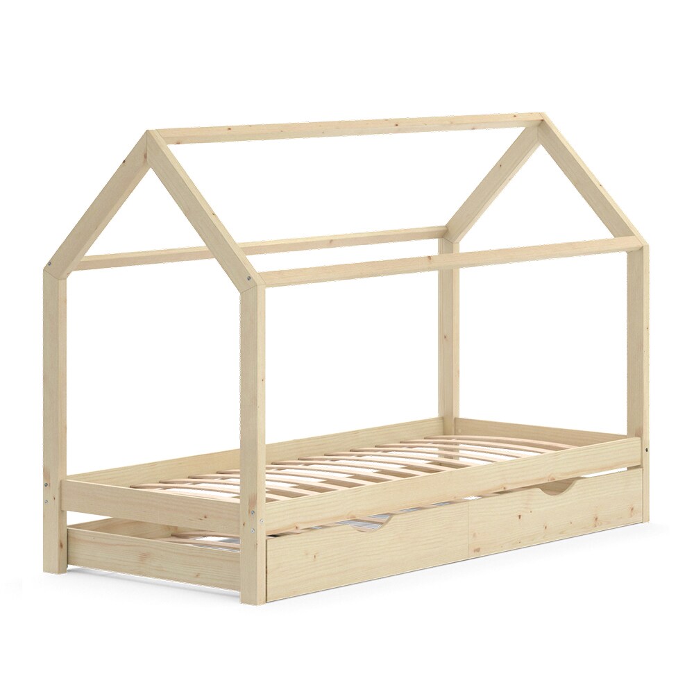 VitaliSpa Kinderbett Hausbett Gästebett Wiki Natur 90x200cm Schublade Lattenrost