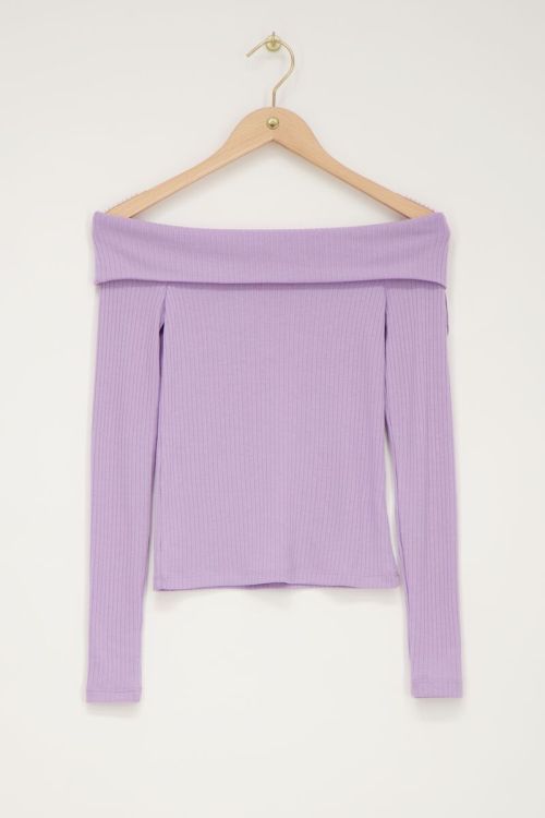 Lila off-shoulder top met rib structuur