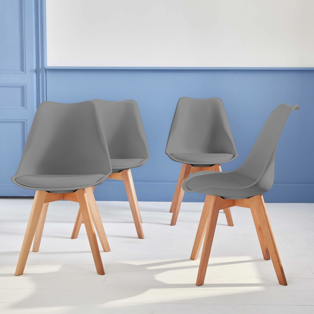 Lot de 4 chaises scandinaves. Pieds bois de hêtre. Chaises 1 place. Gris