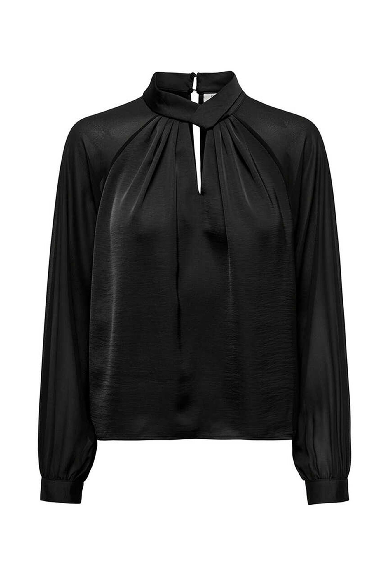 Blusa de cetim com decote amarrado.
