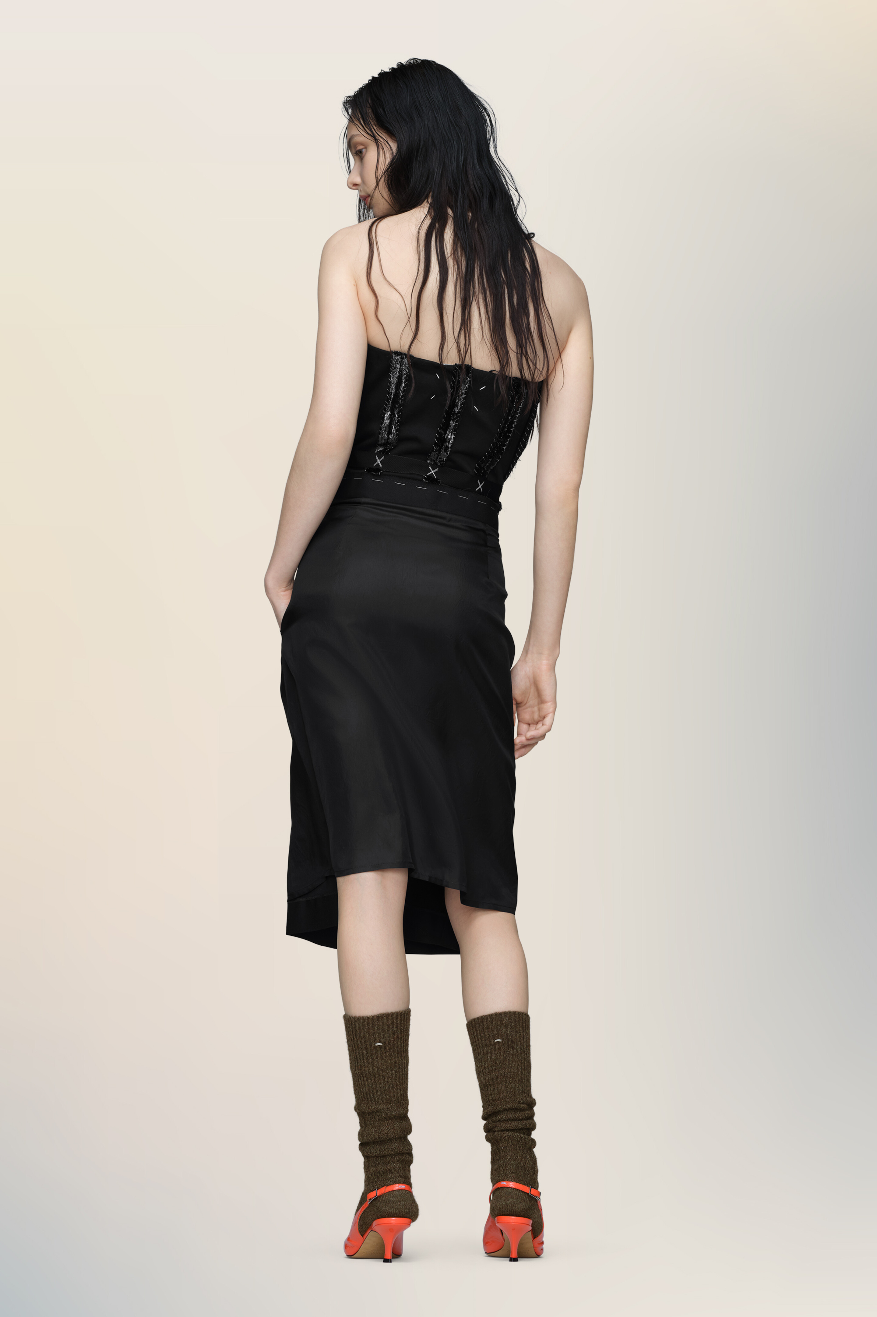 Robe bustier midi noire en laine - femme