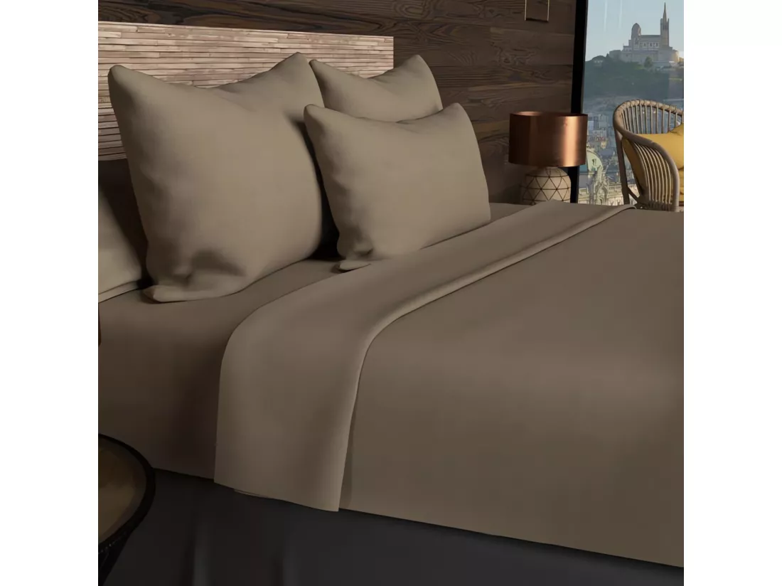 Drap housse 140x190 cm en coton 57 Fils SOLEIL D'OCRE taupe