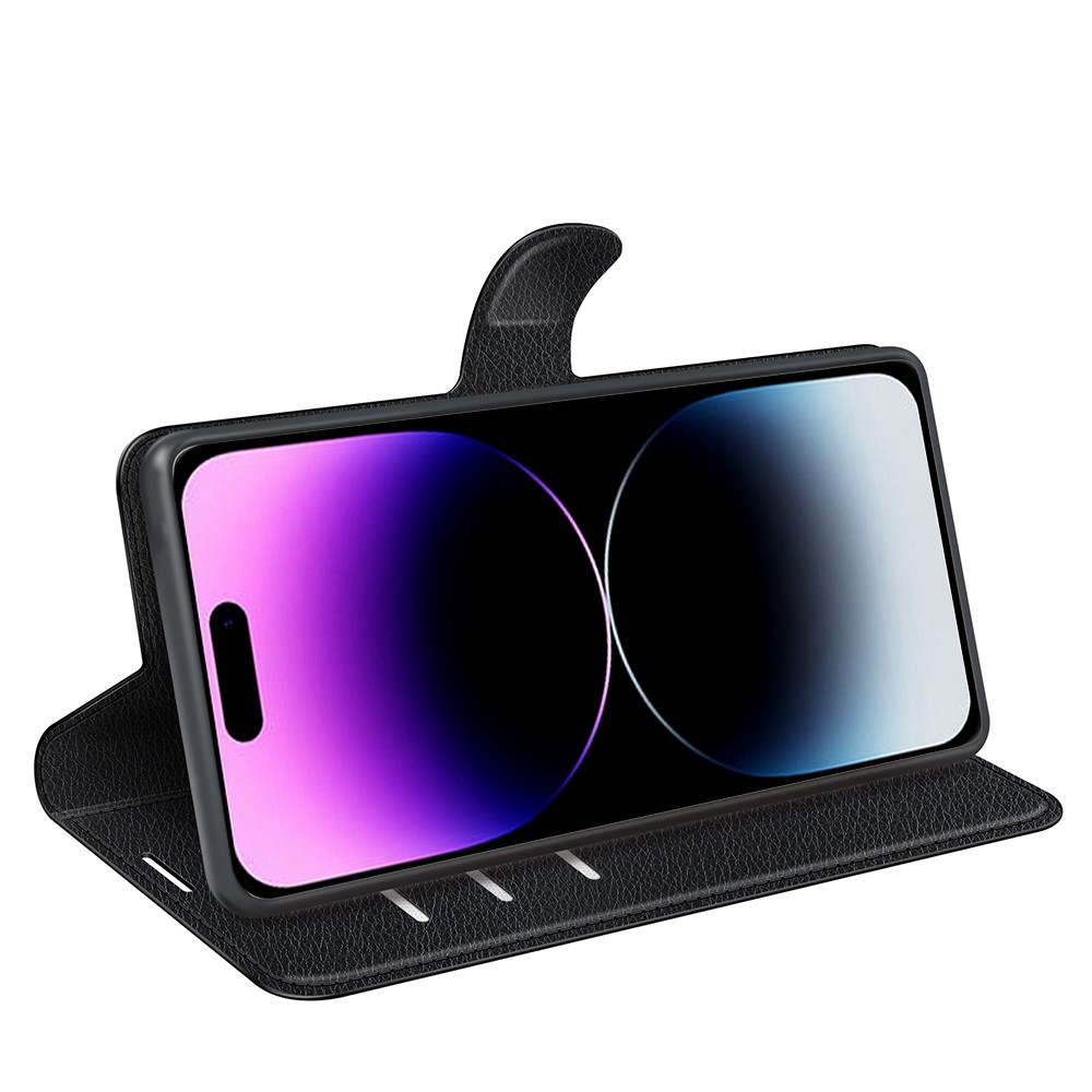 iPhone 15 Pro Max Leder Tasche Flip Cover Litchi Look - Schwarz