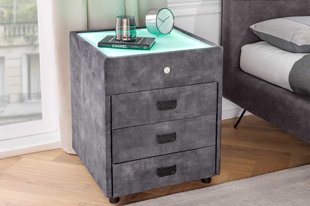Quadratischer Nachttisch PARIS 55cm grau Samt inkl. Beleuchtung und Schubladen