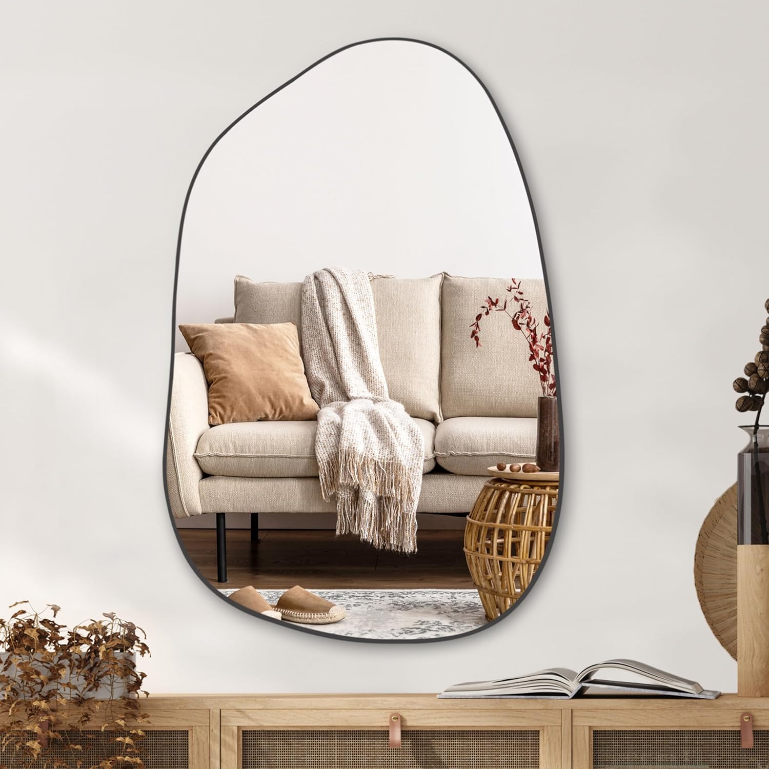 PERFNIQUE Asymmetrischer Spiegel, 101 x 66 cm Schwarz Unregelmäßiger Wandspiegel, Modernes Dekorativ für Wohnzimmer, Badezimmer, Schlafzimmer, Eingangsbereich