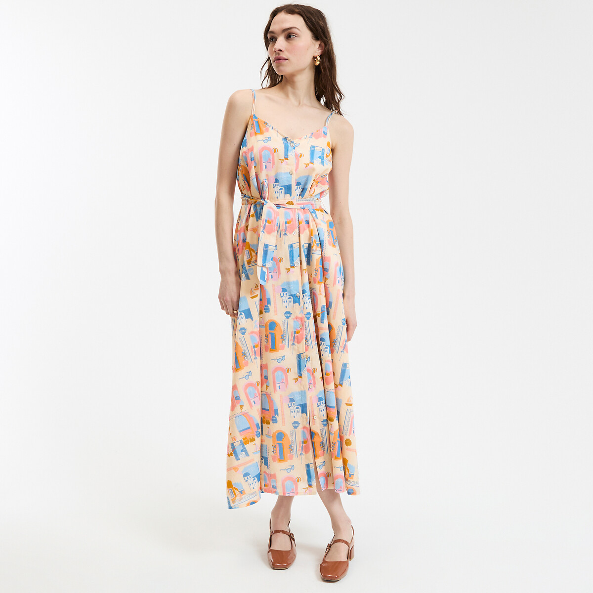 COLEÇÃO LA REDOUTE<br>Vestido maxi estampado com modelagem evasê e alças finas
