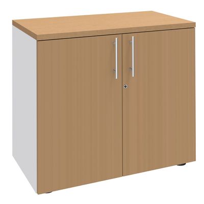Armoire basse IRIS - H72 x L80 x P47 - 2 portes - Corps Blanc perle - Dessus et portes imitation Hêtre