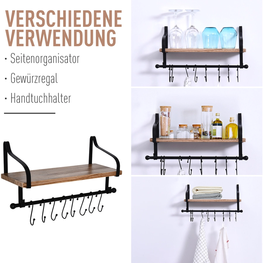HOMCOM Wandregal mit 8 Haken braun, schwarz