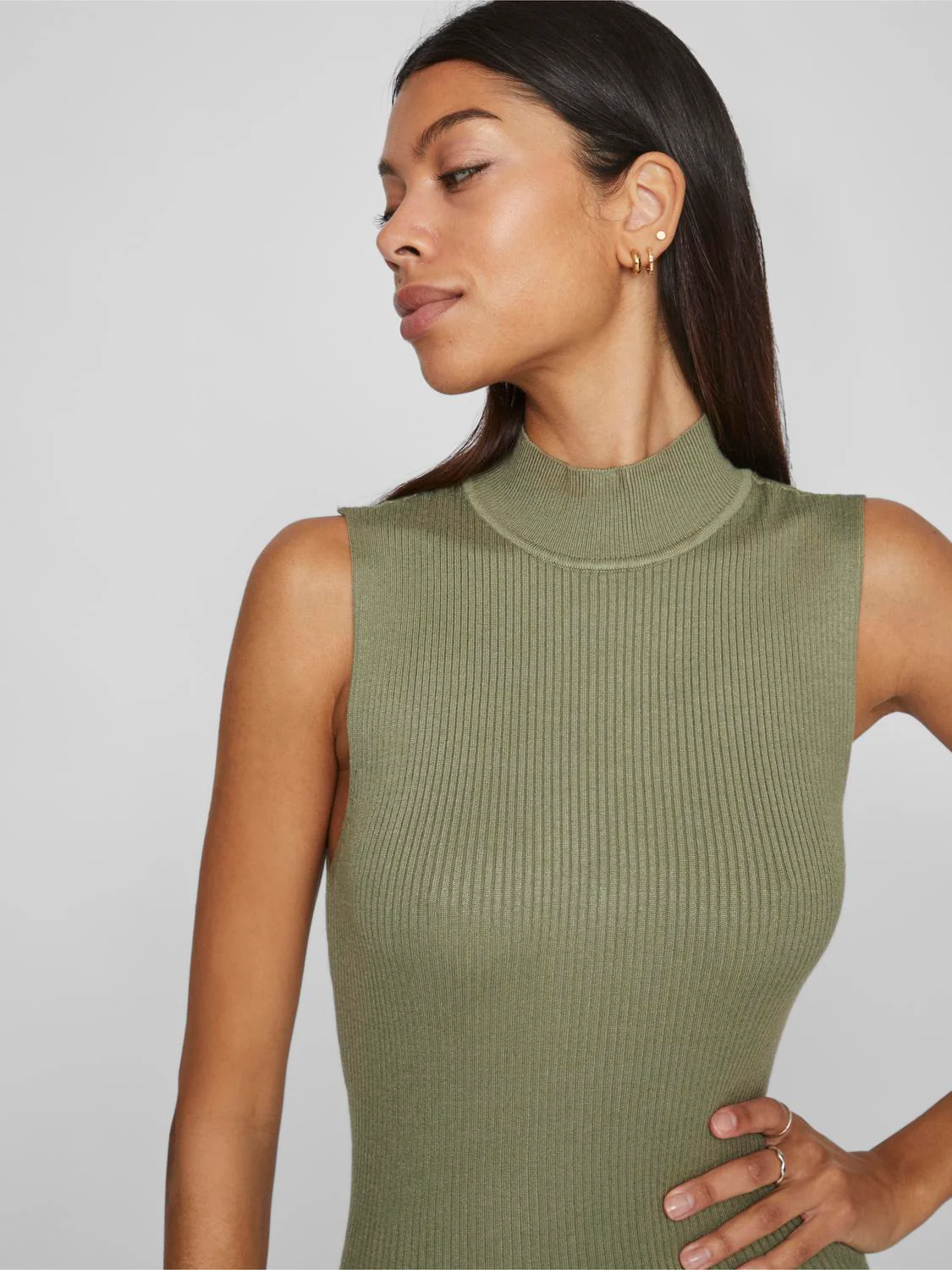 Vila  Vistylie High-Neck S/L Rib Knit kjole - Oil Green