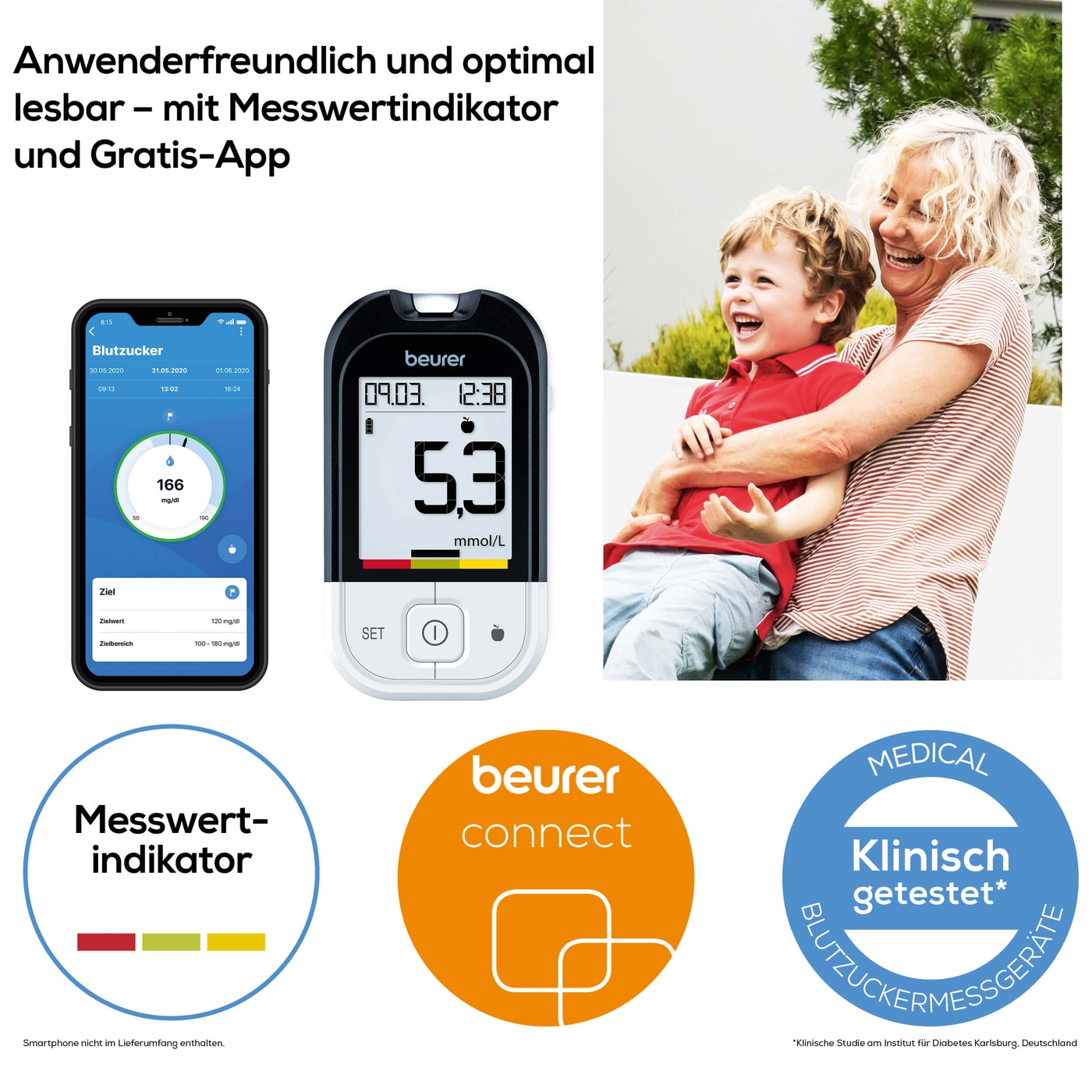 GL 48 Blutzuckermessgerät mmol/L mit Code-Freien Teststreifen / Streifenauswurffunktion (46367) - Schwarz / Weiss