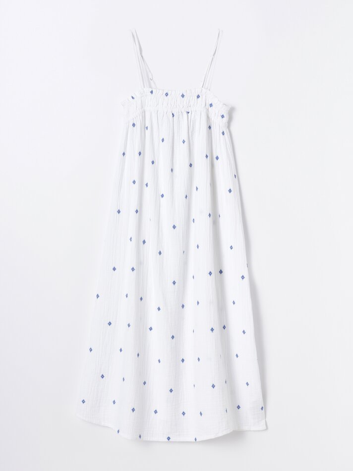 Vestido longo com bordado - Branco-creme