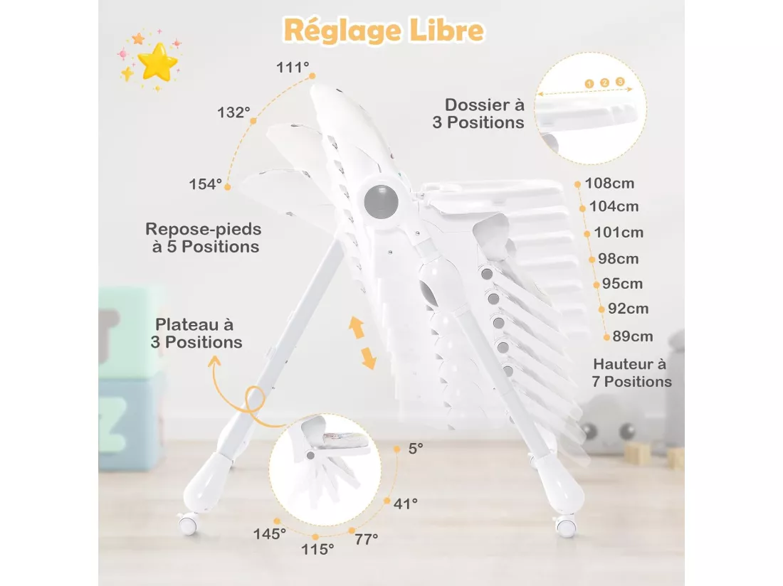Chaise Haute Bébé Pliable 3 en 1, Chaise Haute Bébé Évolutive avec Double Plateau Amovible et Réglable, 7 Hauteurs et 3 Angles d'Inclinaison, Roue Verrouillable, 6-36 Mois, Max 23KG (Beige)