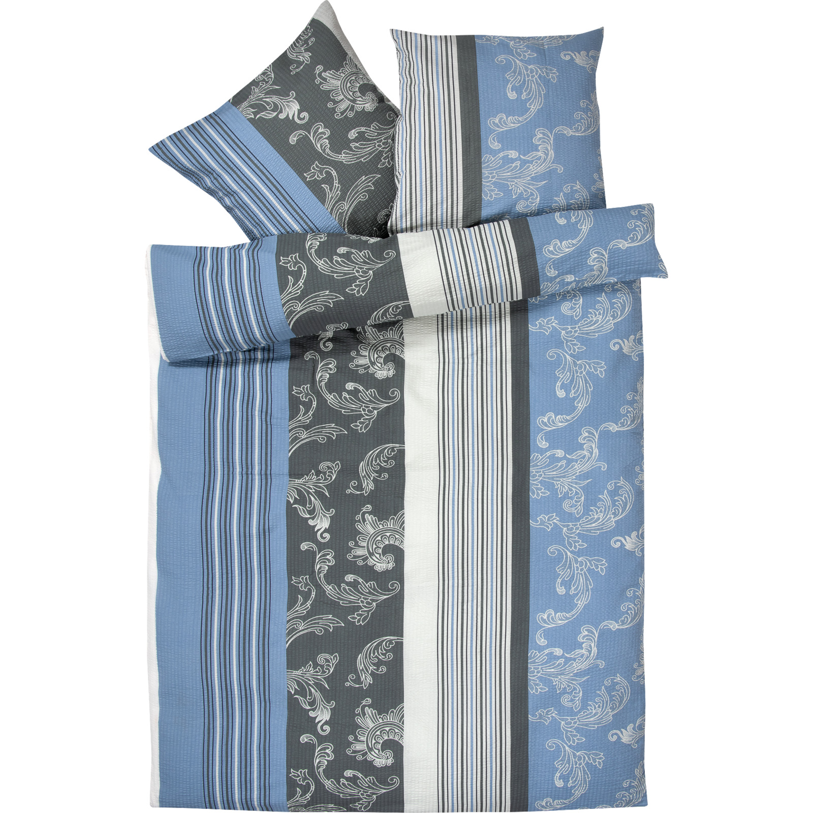 Bettwäsche Seersucker blau mit Ornamenten 160x210 65x100 Bettanzug Nord
