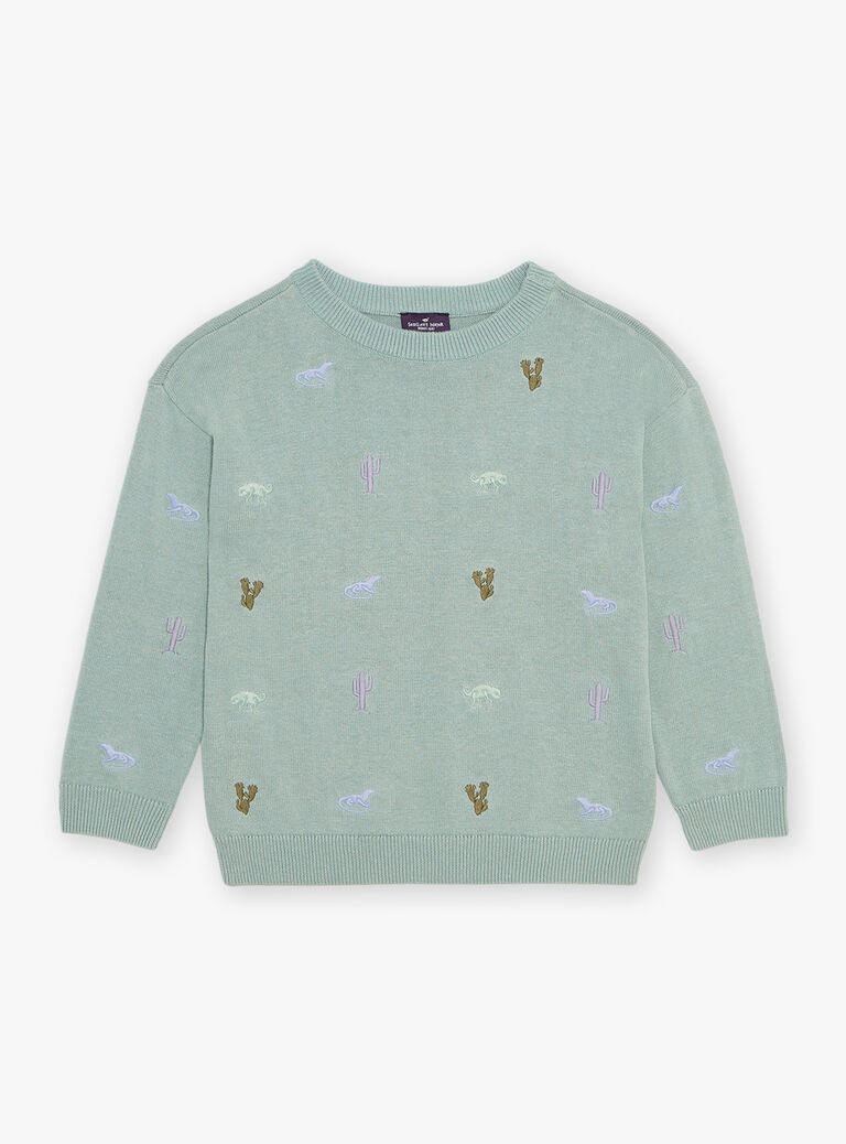 Pull vert lichen à broderies cactus et animaux du désert