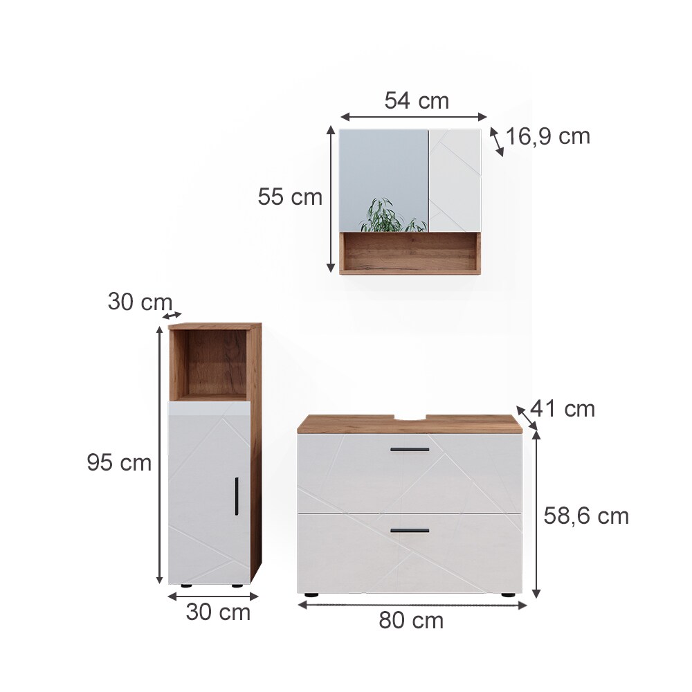 Vicco Badmöbelset Irma Eiche Weiß Hochglanz modern Badezimmerschrank Badschrank Badezimmermöbel Waschtischunterschrank Spiegelschrank Midischrank Schrankschublade Schranktür Schrankfach