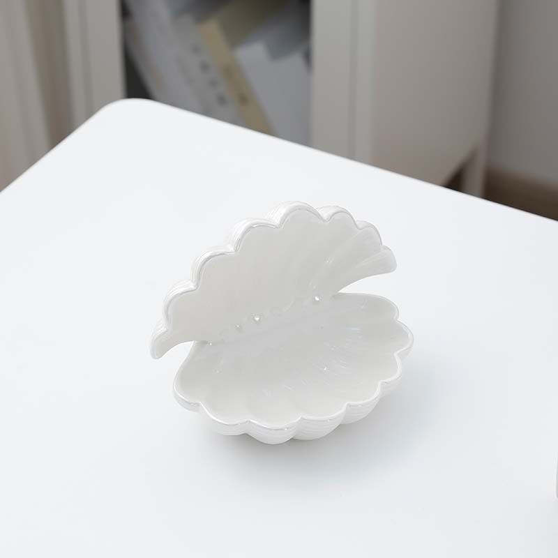 (13x11cm) Keramik Schmuck Schale Muschel Schmuckhalter Organizer für Ringe / Ohrringe Irisierend - Weiss