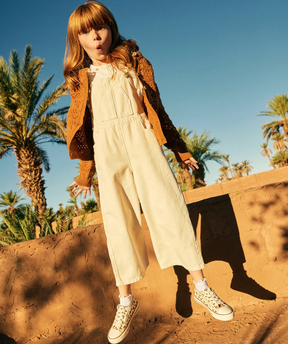SALOPETTE WIDELEG FILLE EN DENIM BEIGE LOW IMPACT