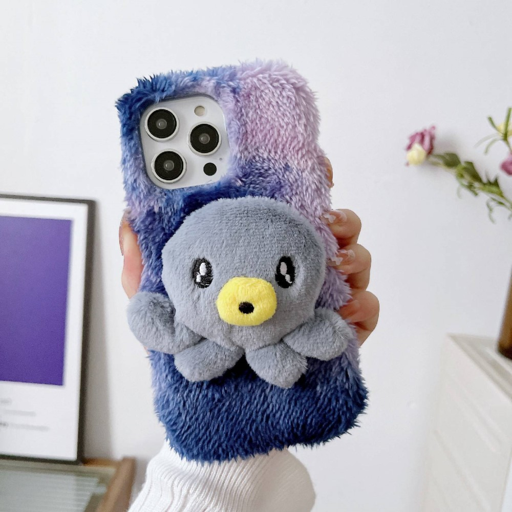 iPhone 14 Pro 3D Gummi Plüsch Case Hülle mit Flauschigem Oktopus - Lila / Grau