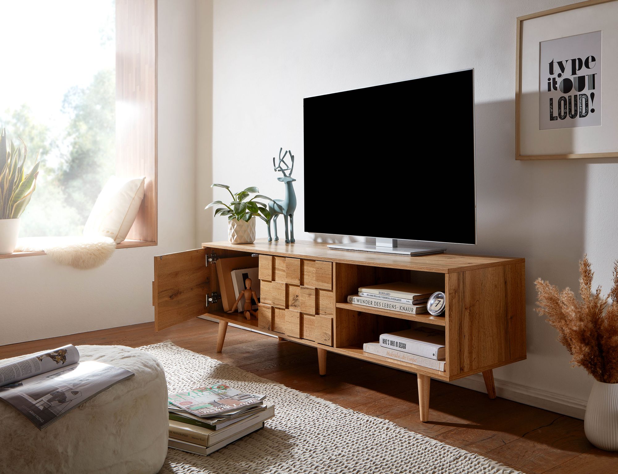 KADIMA DESIGN Eichen-Dekor Lowboard, TV-Unterschrank, Aufbewahrung, bis 70-Zoll TV
