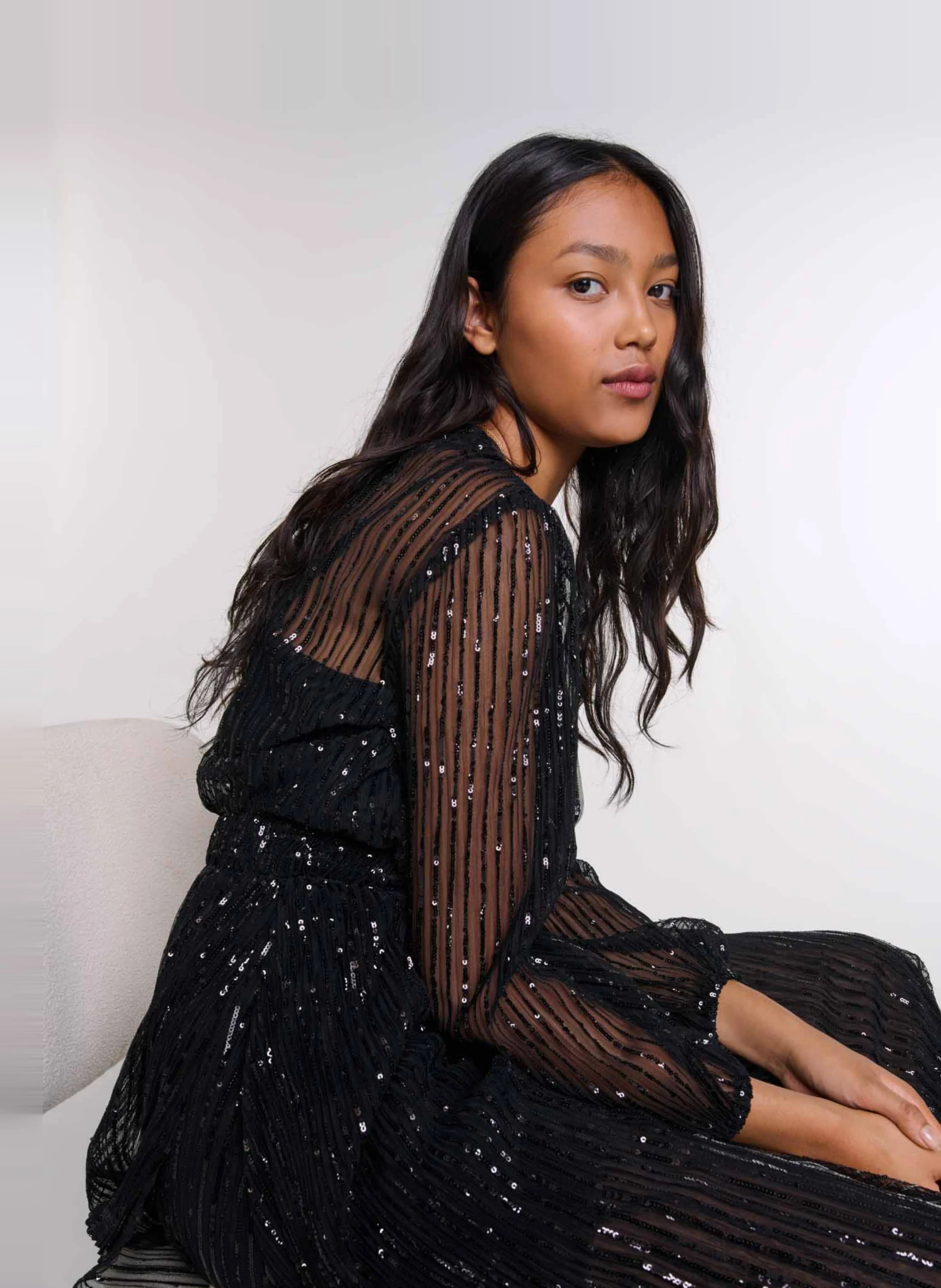 Robe longue cintrée col V | Noir