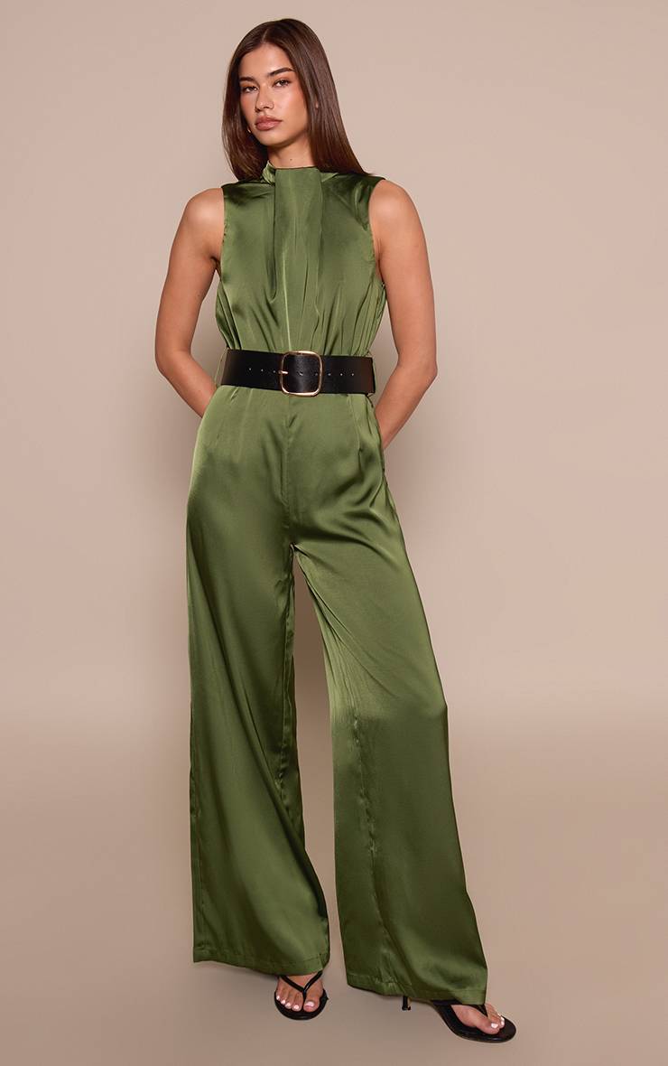 Kaki Combinaison Pantalon Large En Satin Col Montant Avec Ceinture