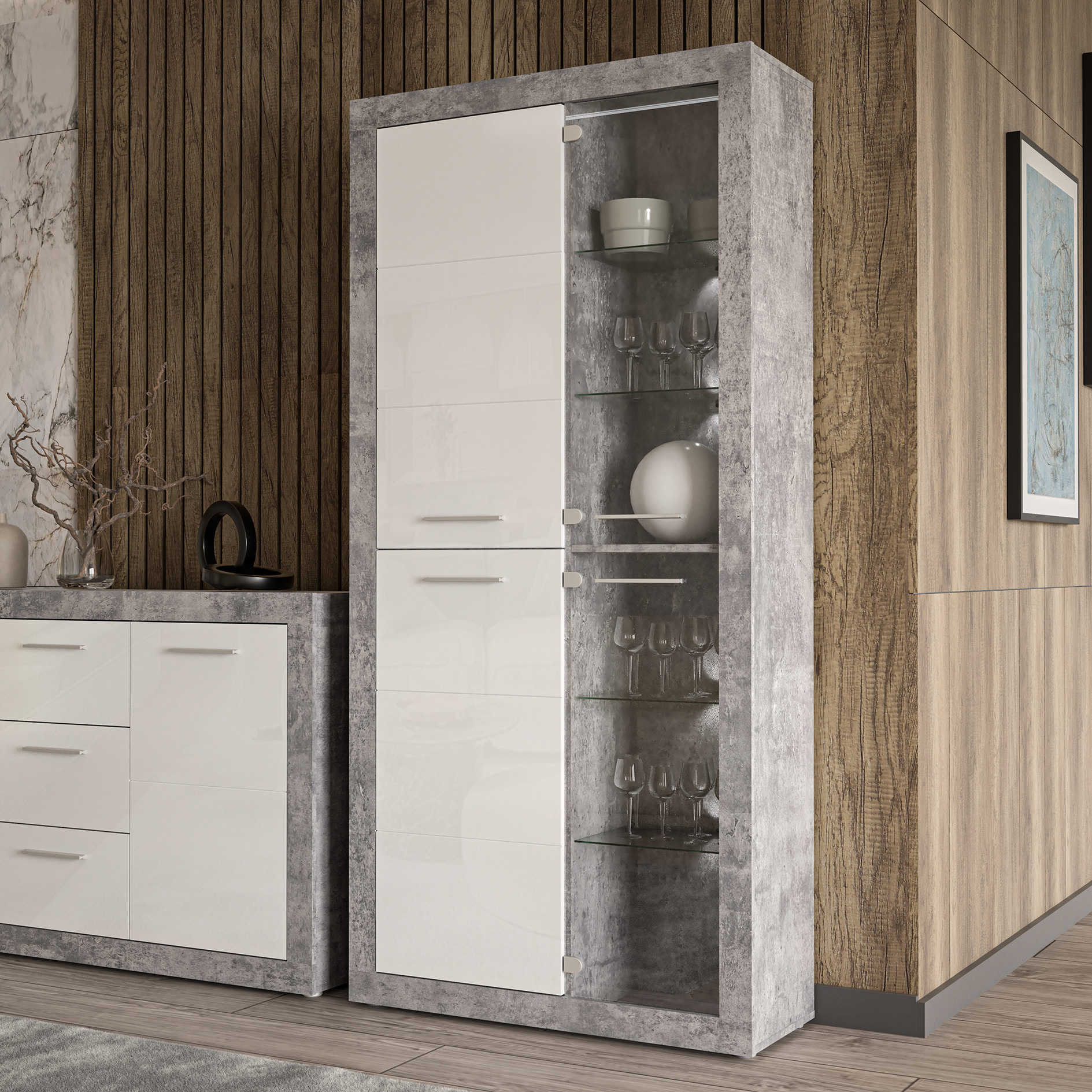 Vitrine - Betonoptik - weiß Hochglanz - mit Beleuchtung