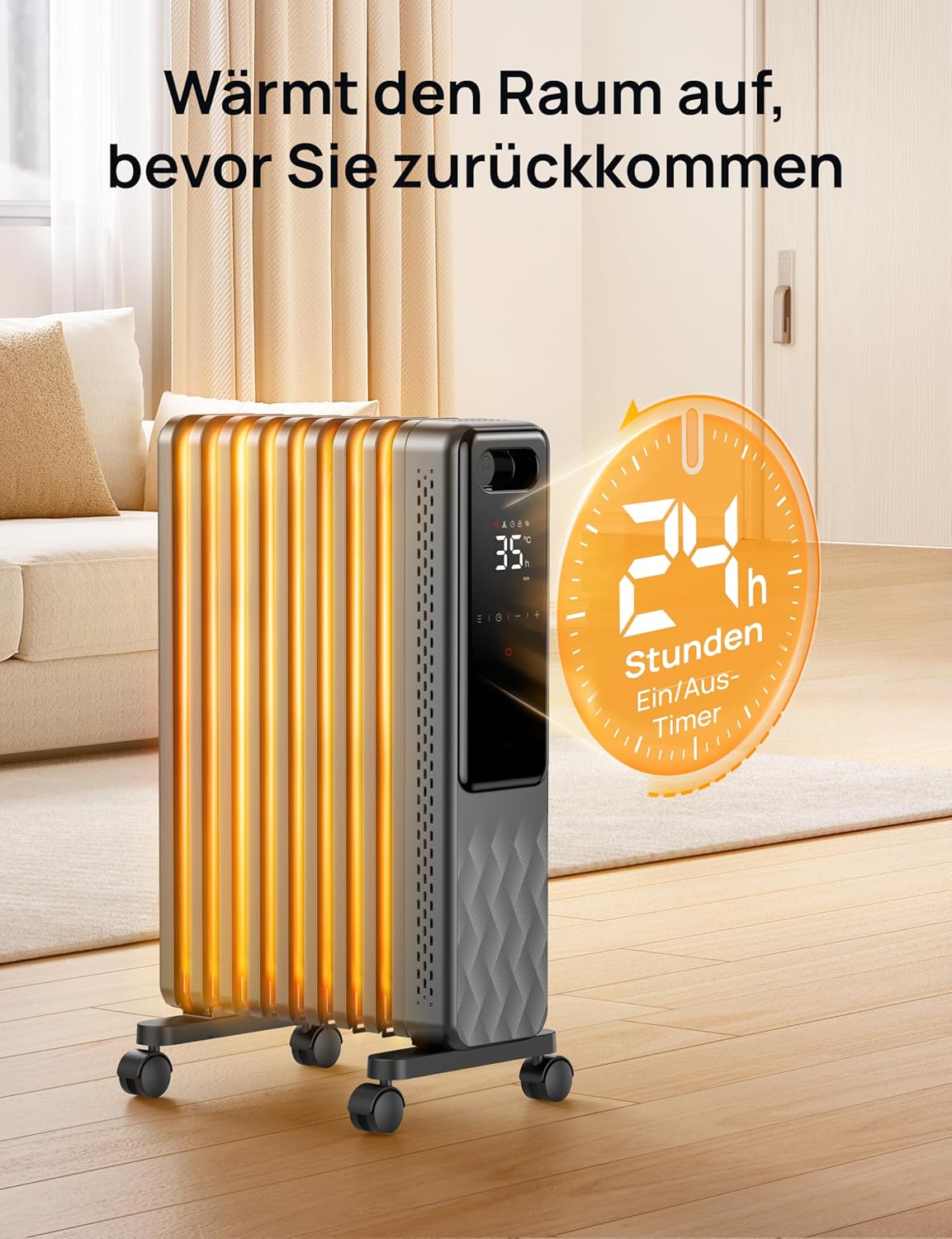 Dreo Ölradiator Energiesparend 2000W, Mobile Elektroheizung 9 Rippen mit Fernbedienung, 3 Heizstufen, 4 Modus, 24h Timer, Überhitzungs-Kippschutz, Radiatoren Elektrisch Heizung mit Thermostat, OH310
