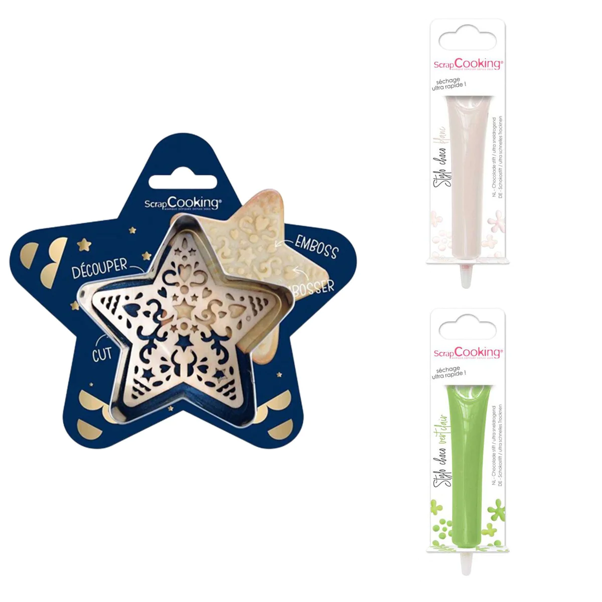 Kit pour biscuit en relief Étoile + 2 Stylos au chocolat blanc et vert