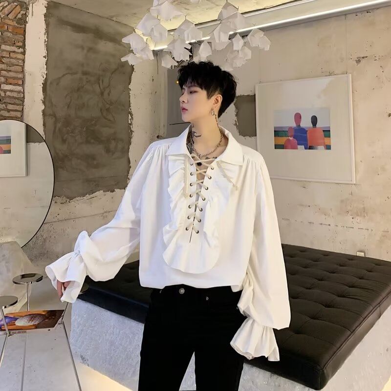 JUN.LEE - Pofmouw effen geplooid veterblouse