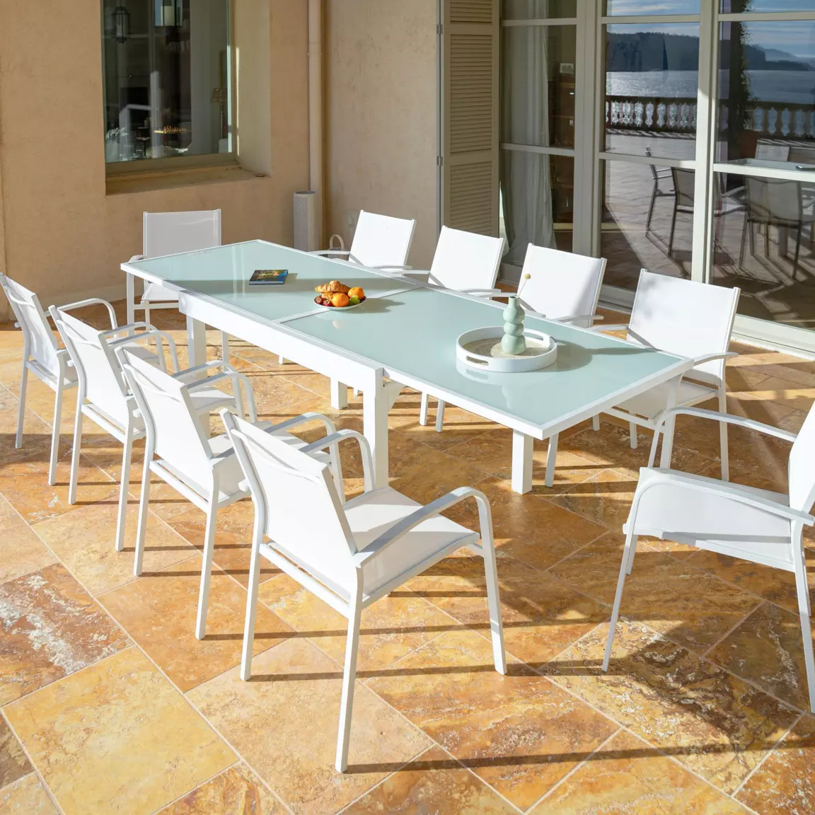 Table de jardin extensible en verre 10 places (135/270 x 90 cm) Murano Blanc