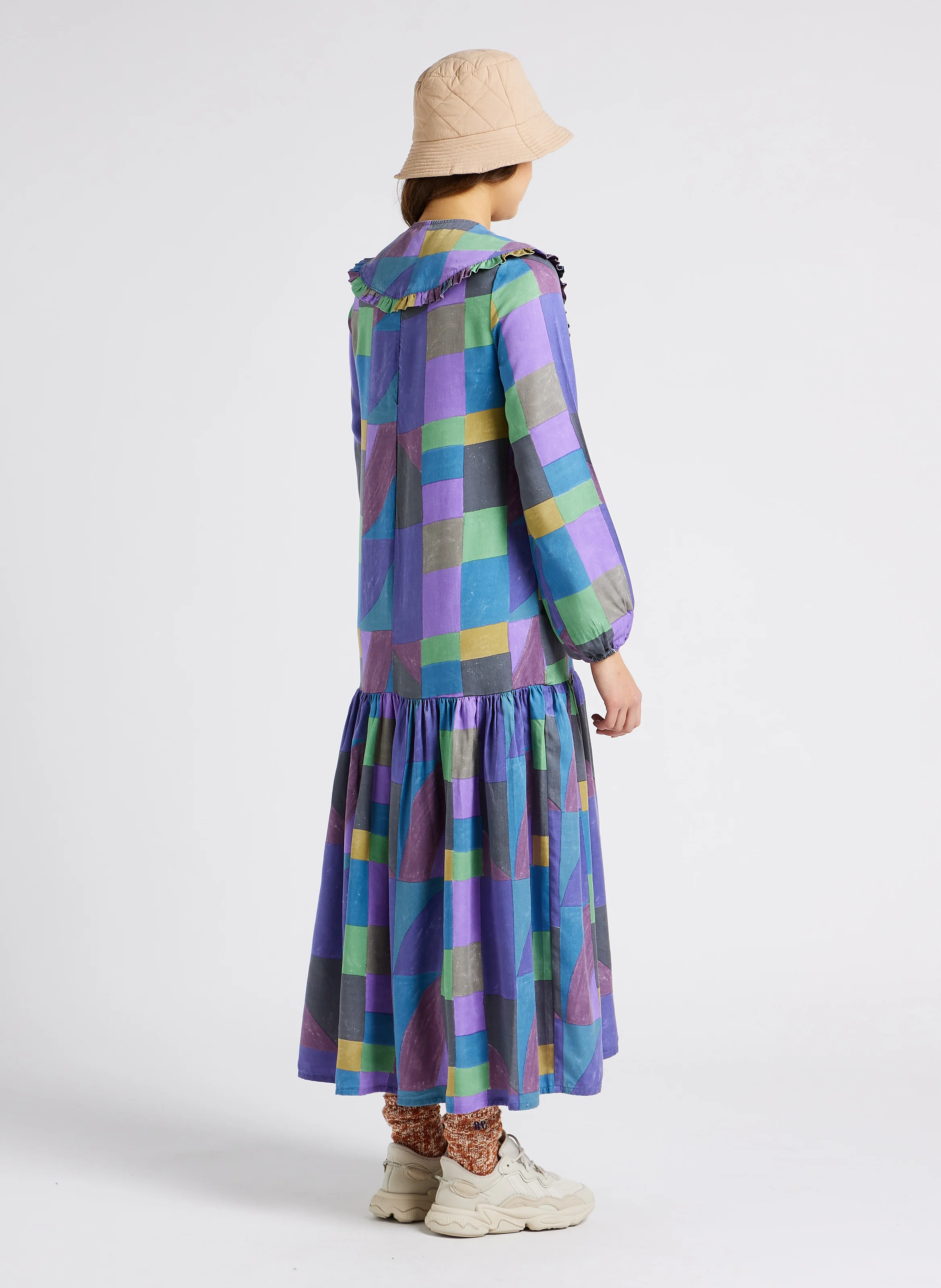 Robe longue col claudine à carreaux| Multicolore